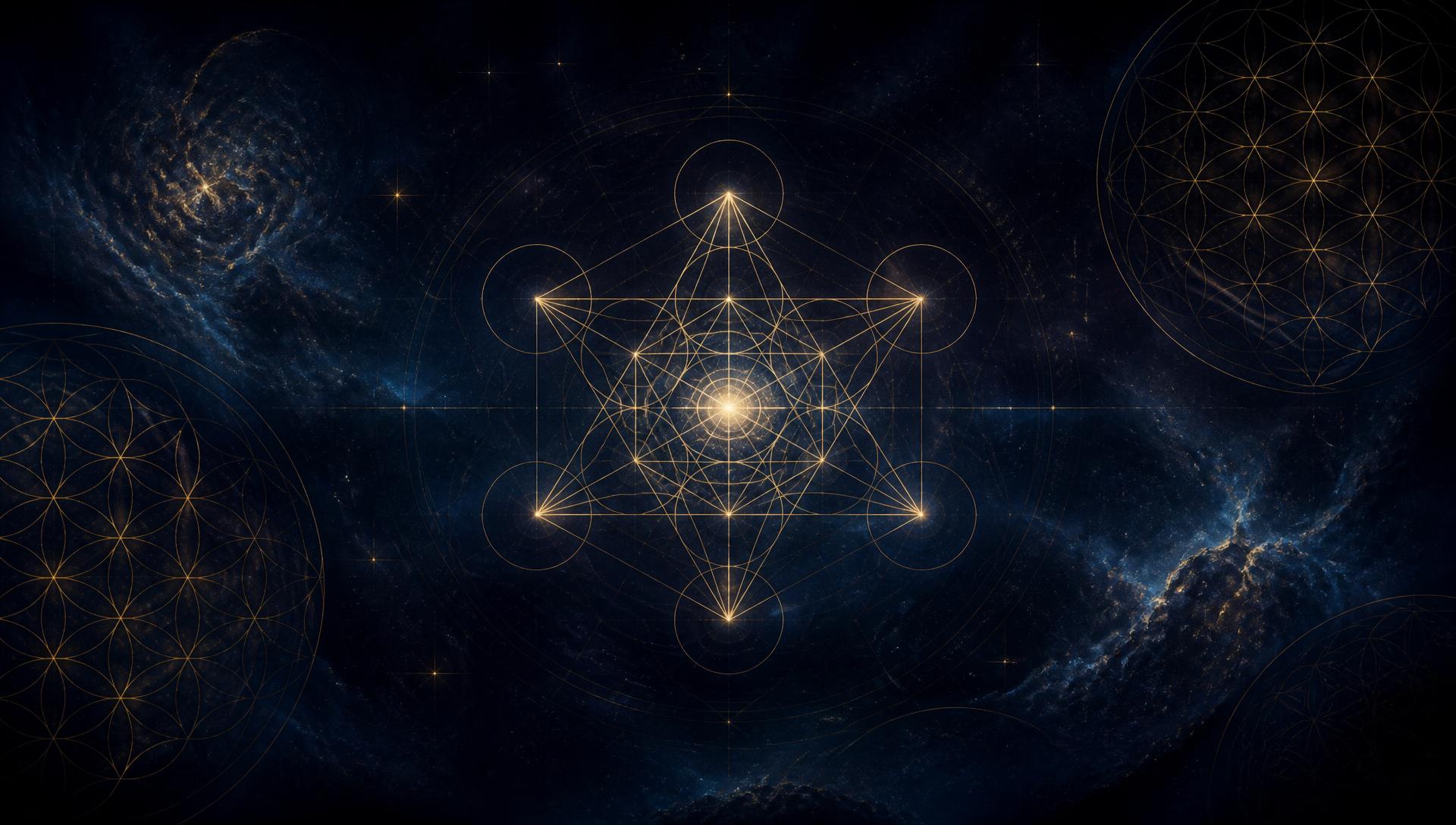 Fondo cósmico con patrones dorados de geometría sagrada